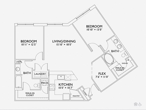 Floor plan for 2 beds, 2 baths, 1256 sqft